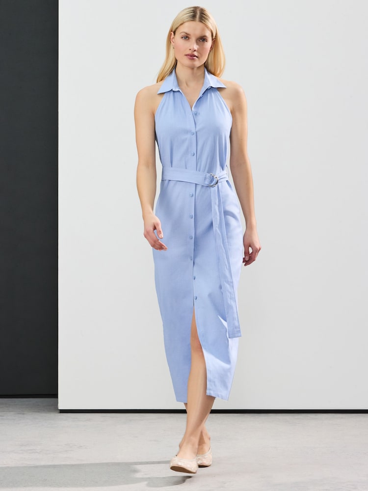 Light Blue Halterneck Collar Midi Shirt Linen Blend Dress - Image 1 of 7
