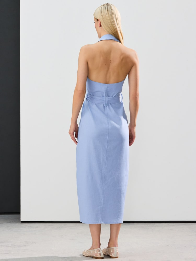 Light Blue Halterneck Collar Midi Shirt Linen Blend Dress - Image 2 of 7