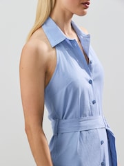 Light Blue Halterneck Collar Midi Shirt Linen Blend Dress - Image 3 of 7