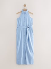 Light Blue Halterneck Collar Midi Shirt Linen Blend Dress - Image 5 of 7