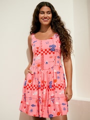 Bright Pink Tropical Print Sleeveless Scoop Neck Waisted Mini Dress with Linen - Image 1 of 7