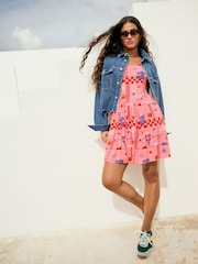Bright Pink Tropical Print Sleeveless Scoop Neck Waisted Mini Dress with Linen - Image 2 of 7
