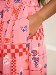 Bright Pink Tropical Print Sleeveless Scoop Neck Waisted Mini Dress with Linen - Image 4 of 7
