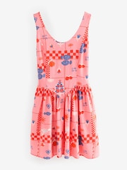 Bright Pink Tropical Print Sleeveless Scoop Neck Waisted Mini Dress with Linen - Image 5 of 7