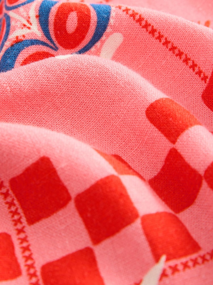 Bright Pink Tropical Print Sleeveless Scoop Neck Waisted Mini Dress with Linen - Image 7 of 7