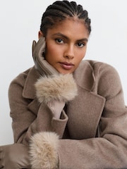 Reiss Taupe Giovana Leather Faux-Fur Cuff Gloves - Image 1 of 3
