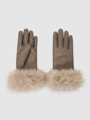 Reiss Taupe Giovana Leather Faux-Fur Cuff Gloves - Image 2 of 3