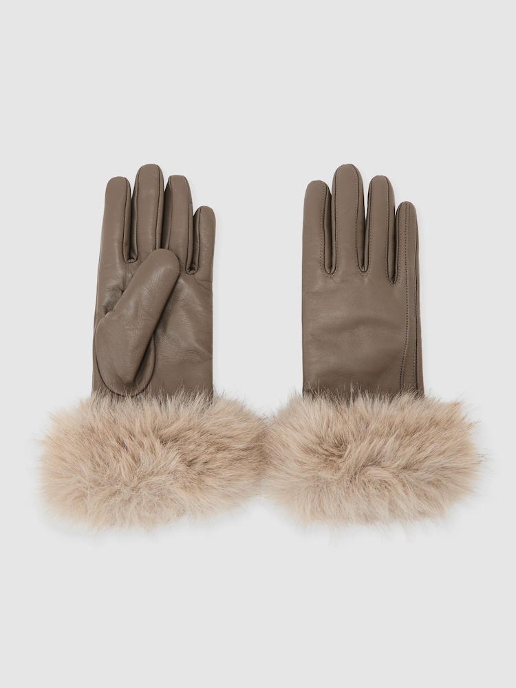 Reiss Taupe Giovana Leather Faux-Fur Cuff Gloves - Image 2 of 3 Reiss Taupe Giovana Leather Faux-Fur Cuff Gloves - Image 2 of 3