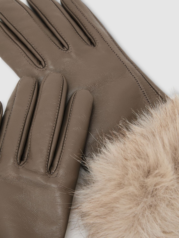 Reiss Taupe Giovana Leather Faux-Fur Cuff Gloves - Image 3 of 3 Reiss Taupe Giovana Leather Faux-Fur Cuff Gloves - Image 3 of 3