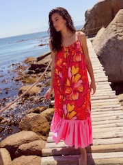 Red/Orange Floral 100% Cotton Strappy Tiered Midi Dress - Image 1 of 7