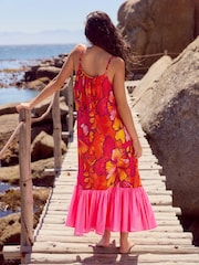 Red/Orange Floral 100% Cotton Strappy Tiered Midi Dress - Image 2 of 7