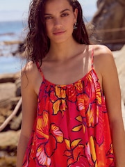 Red/Orange Floral 100% Cotton Strappy Tiered Midi Dress - Image 3 of 7