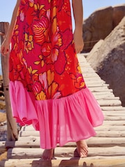 Red/Orange Floral 100% Cotton Strappy Tiered Midi Dress - Image 4 of 7