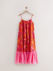 Red/Orange Floral 100% Cotton Strappy Tiered Midi Dress - Image 5 of 7