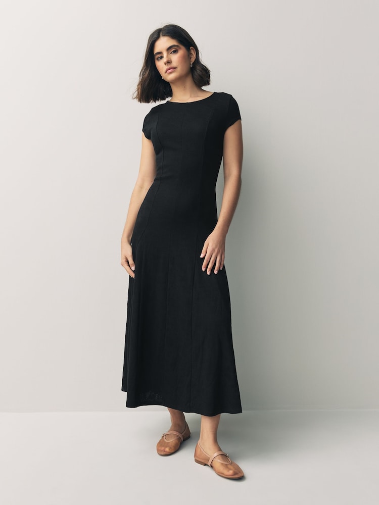 Black Cap Sleeve Jacquard Midi Dress - Image 1 of 8