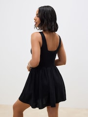 Black Sleeveless Scoop Neck Waisted Mini Dress with Linen - Image 2 of 8