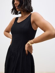 Black Sleeveless Scoop Neck Waisted Mini Dress with Linen - Image 5 of 8