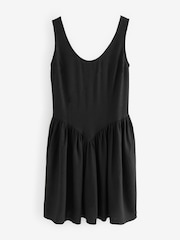 Black Sleeveless Scoop Neck Waisted Mini Dress with Linen - Image 6 of 8