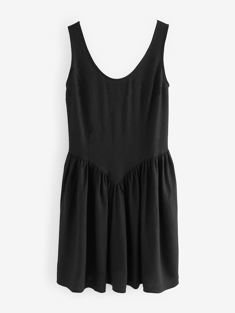 Black Sleeveless Scoop Neck Waisted Mini Dress with Linen - Image 6 of 8
