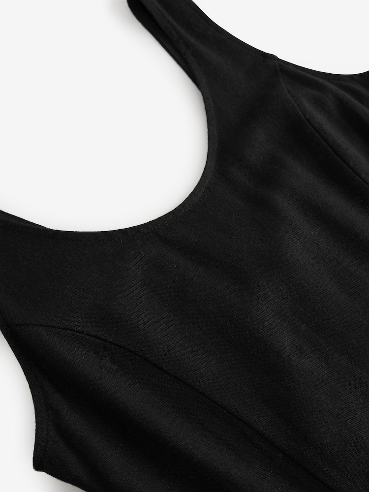 Black Sleeveless Scoop Neck Waisted Mini Dress with Linen - Image 8 of 8