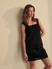 Black Square Neck 100% Cotton Embroidered Mini Dress - Image 2 of 8