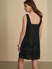 Black Square Neck 100% Cotton Embroidered Mini Dress - Image 3 of 8