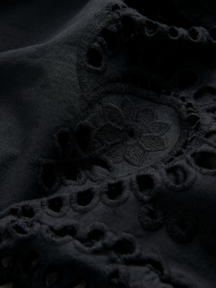 Black Square Neck 100% Cotton Embroidered Mini Dress - Image 7 of 8