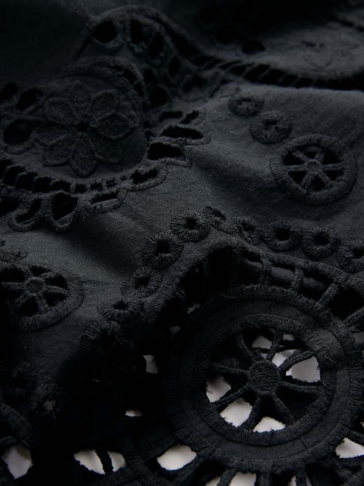 Black Square Neck 100% Cotton Embroidered Mini Dress - Image 8 of 8