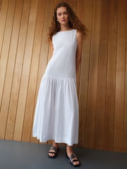 White Sleeveless Drop Waist 100% Cotton Crew Neck Midi Dress - Image 1 of 8