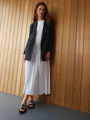White Sleeveless Drop Waist 100% Cotton Crew Neck Midi Dress - Image 2 of 8
