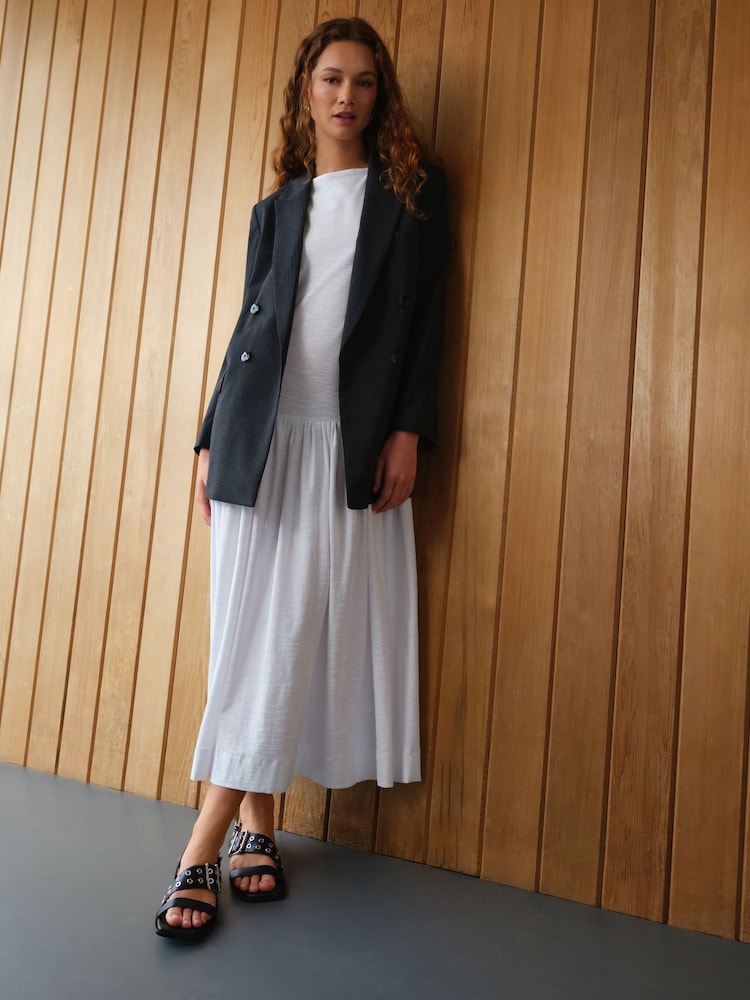White Sleeveless Drop Waist 100% Cotton Crew Neck Midi Dress - Image 2 of 8