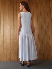 White Sleeveless Drop Waist 100% Cotton Crew Neck Midi Dress - Image 3 of 8