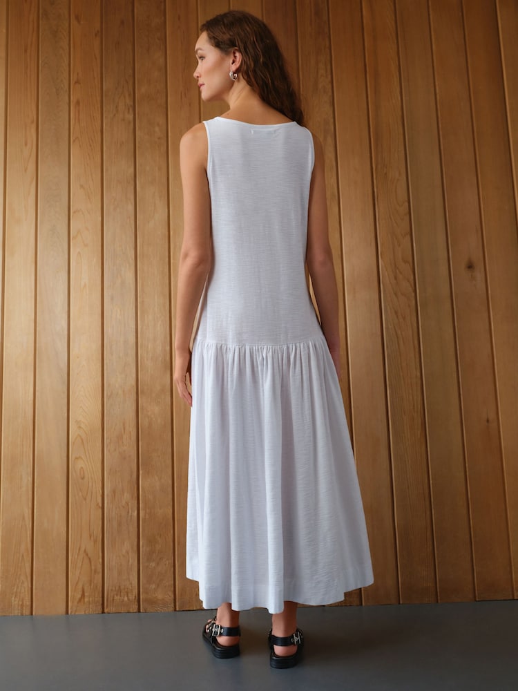 White Sleeveless Drop Waist 100% Cotton Crew Neck Midi Dress - Image 3 of 8