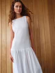 White Sleeveless Drop Waist 100% Cotton Crew Neck Midi Dress - Image 4 of 8