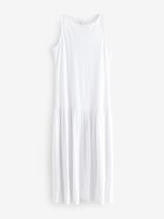 White Sleeveless Drop Waist 100% Cotton Crew Neck Midi Dress - Image 6 of 8