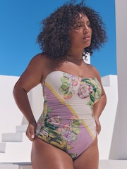 Lilac/Cream Floral Print DD+ Bandeau Tummy Control Swimsuit - Image 1 of 9
