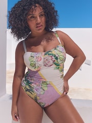 Lilac/Cream Floral Print DD+ Bandeau Tummy Control Swimsuit - Image 2 of 9
