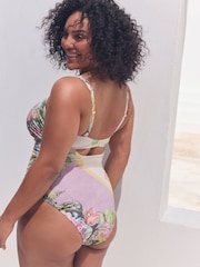 Lilac/Cream Floral Print DD+ Bandeau Tummy Control Swimsuit - Image 3 of 9