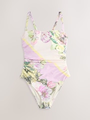 Lilac/Cream Floral Print DD+ Bandeau Tummy Control Swimsuit - Image 6 of 9