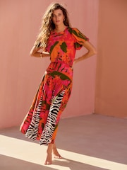 Red/Orange Floral with Mono Zebra Print Short Sleeve Crew Neck Spliced Midi Dress - Image 1 of 7