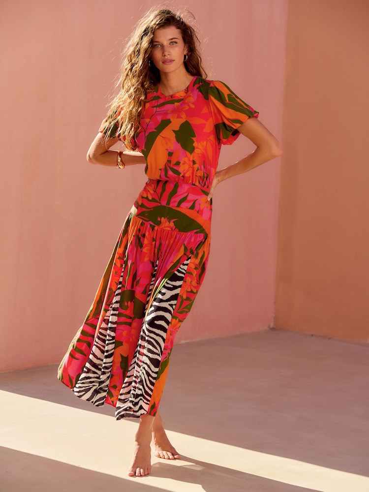 Red/Orange Floral with Mono Zebra Print Short Sleeve Crew Neck Spliced Midi Dress - Image 1 of 7