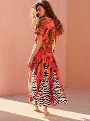 Red/Orange Floral with Mono Zebra Print Short Sleeve Crew Neck Spliced Midi Dress - Image 2 of 7