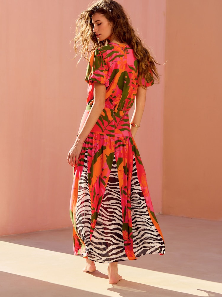 Red/Orange Floral with Mono Zebra Print Short Sleeve Crew Neck Spliced Midi Dress - Image 2 of 7