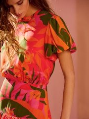 Red/Orange Floral with Mono Zebra Print Short Sleeve Crew Neck Spliced Midi Dress - Image 3 of 7