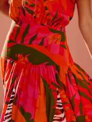 Red/Orange Floral with Mono Zebra Print Short Sleeve Crew Neck Spliced Midi Dress - Image 4 of 7