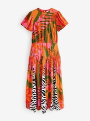 Red/Orange Floral with Mono Zebra Print Short Sleeve Crew Neck Spliced Midi Dress - Image 5 of 7