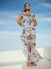 Blue Floral Short Sleeve Mesh Ruffle Maxi Dress - Image 1 of 7