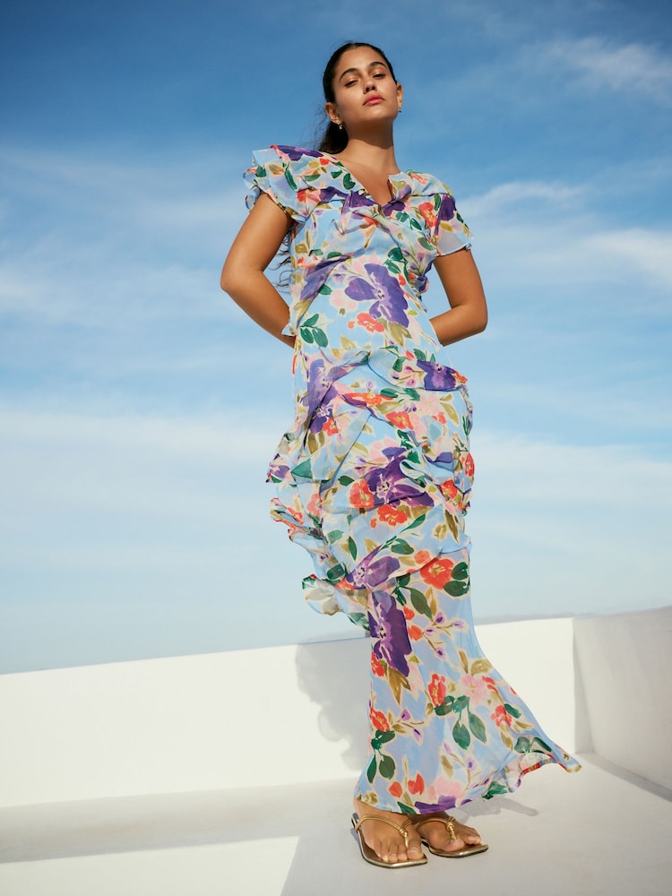 Blue Floral Short Sleeve Mesh Ruffle Maxi Dress - Image 1 of 7