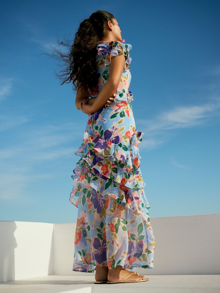 Blue Floral Short Sleeve Mesh Ruffle Maxi Dress - Image 2 of 7