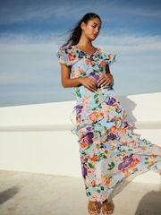 Blue Floral Short Sleeve Mesh Ruffle Maxi Dress - Image 3 of 7